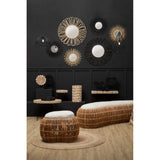Lacuna Fir Wood Mosaic Disc Side Table and Stool featuring a round, mosaic-patterned top made of fir wood, with a natural finish. The table is positioned in a stylish interior setting against a dark wall, accompanied by decorative circular wall art and a light-colored rug on a wooden floor