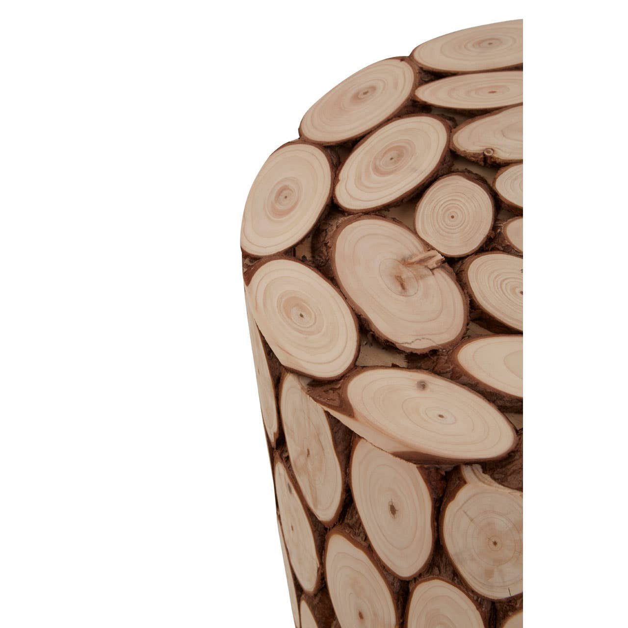 A side view of a Lacuna Fir Wood Mosaic Disc Side Table and Stool, showcasing a cylindrical design made of stacked circular wood slices with a natural finish, highlighting the unique textures and patterns of the wood
