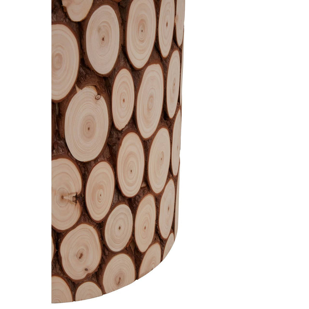 Lacuna Fir Wood Mosaic Disc Side Table and Stool featuring a cylindrical design with a mosaic pattern of circular wood slices in varying shades of light and dark brown, showcasing the natural grain and texture of the fir wood