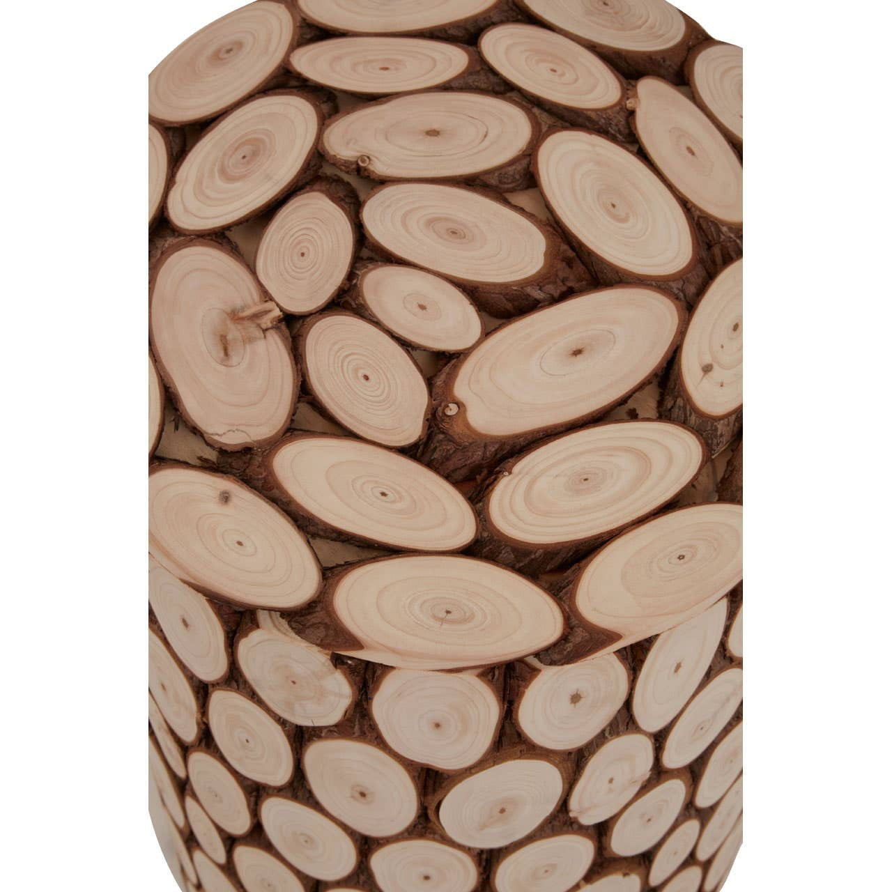 A cylindrical side table or stool made from fir wood, featuring a mosaic design with variously sized, light-colored wood discs arranged closely together, showcasing the natural grain and texture of the wood