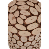 A cylindrical side table or stool made from fir wood, featuring a mosaic design with variously sized, light-colored wood discs arranged closely together, showcasing the natural grain and texture of the wood