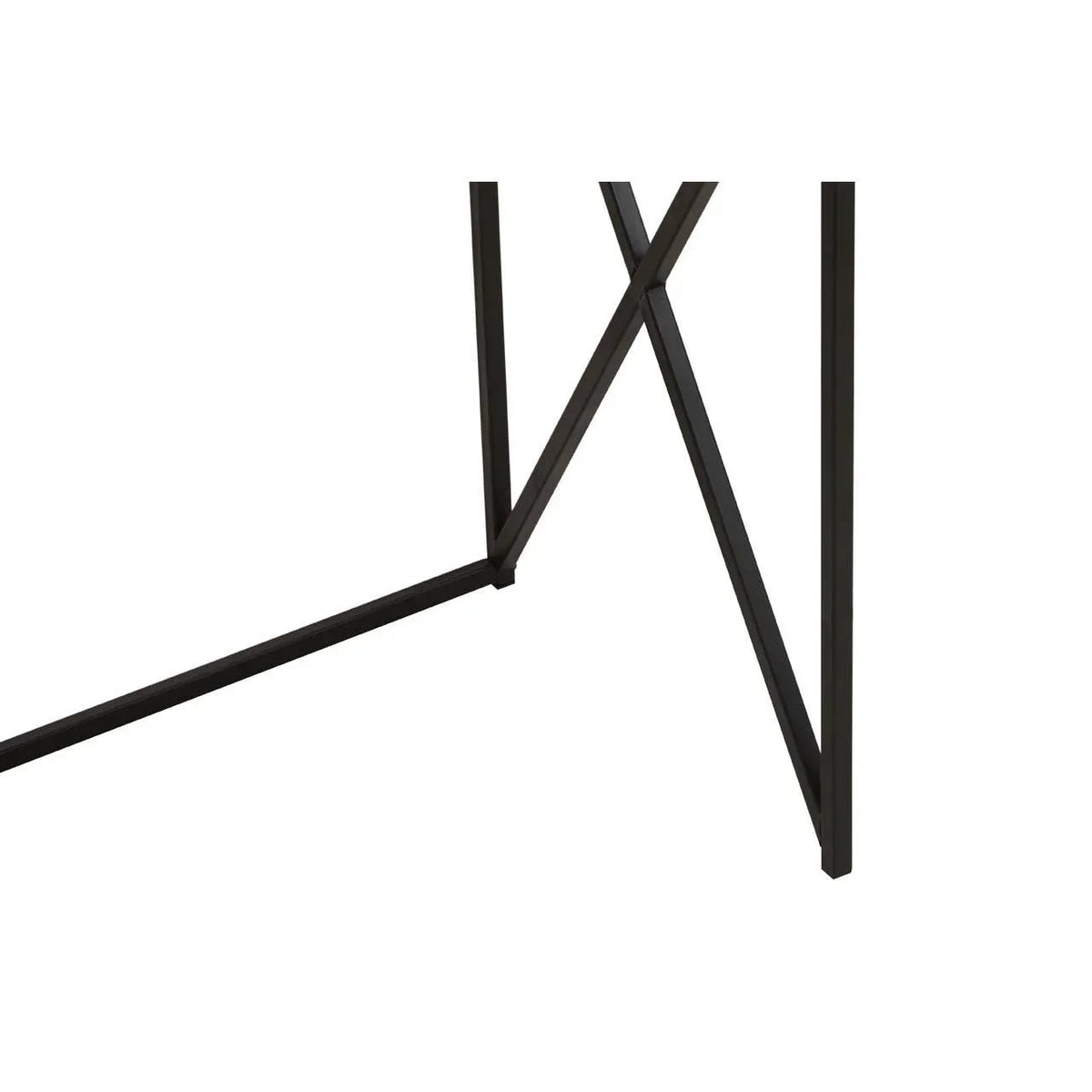 Black metal table legs with crossbar support, close-up of dining table frame