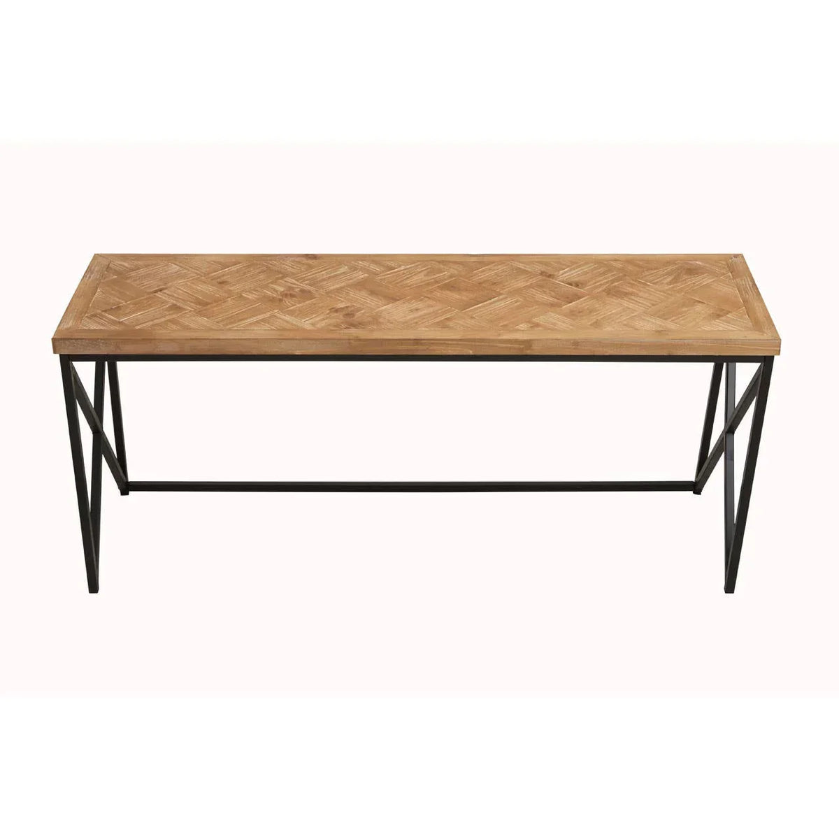 Rectangular wooden coffee table with metal legs and herringbone pattern top