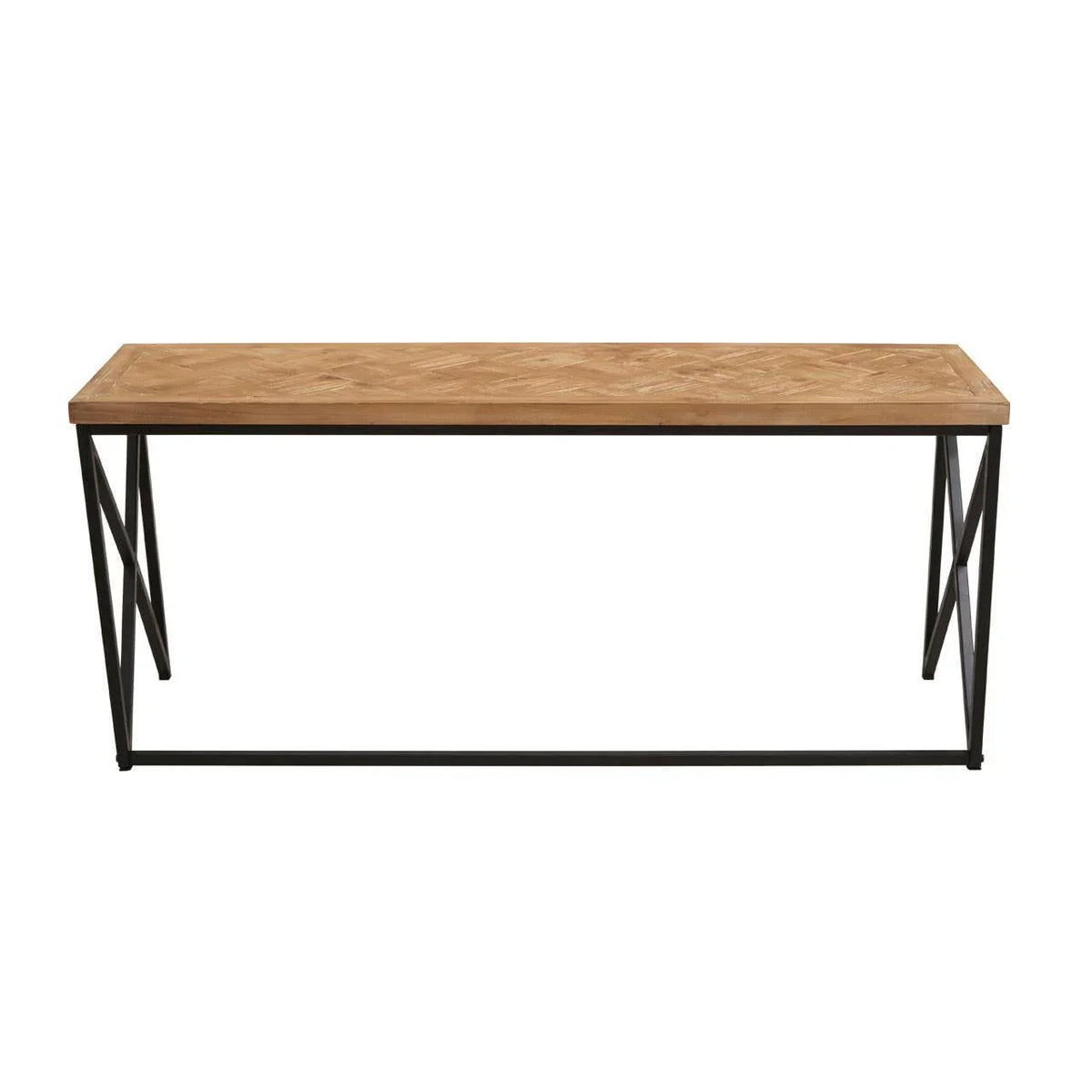 Rectangular wood dining table with black metal legs and geometric pattern top