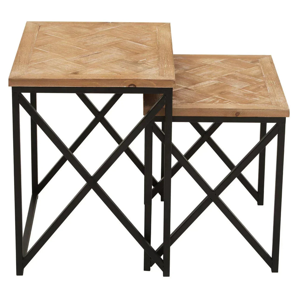 Set of two square nesting tables with black metal frames and light wood tops