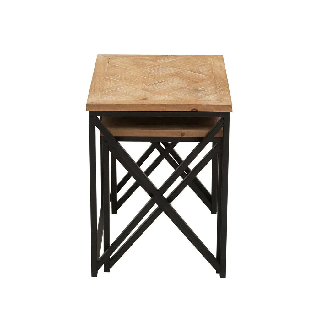 Square nesting tables with wooden tops and black metal frames in geometric design