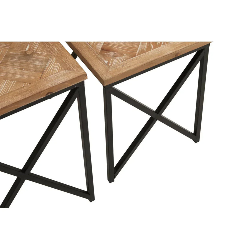 Wood nest of tables with metal cross frame and herringbone top, close corner angle