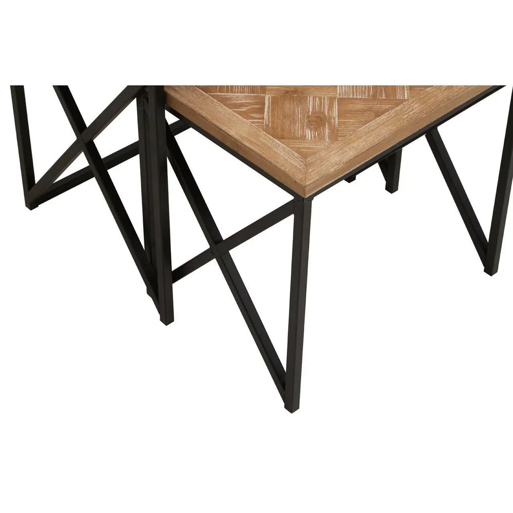 Wood and metal side table with geometric black frame and natural finish top, corner view