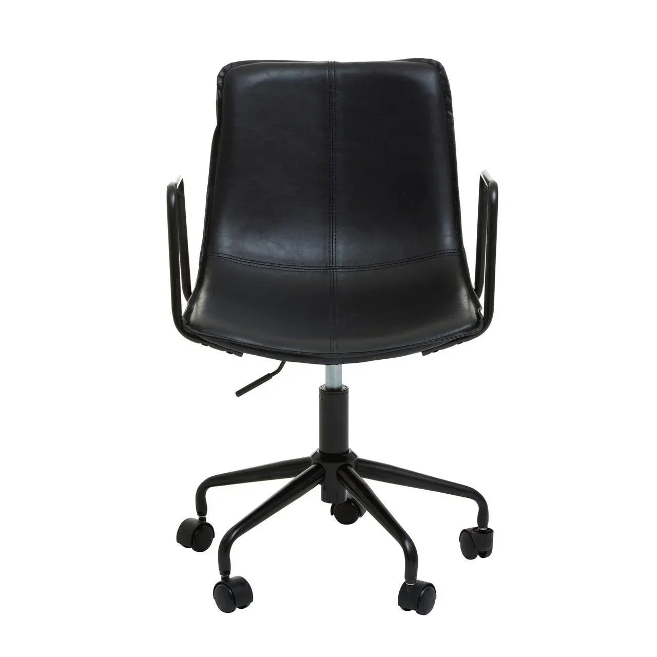Black leather office chair with armrests and adjustable base on casters, front view