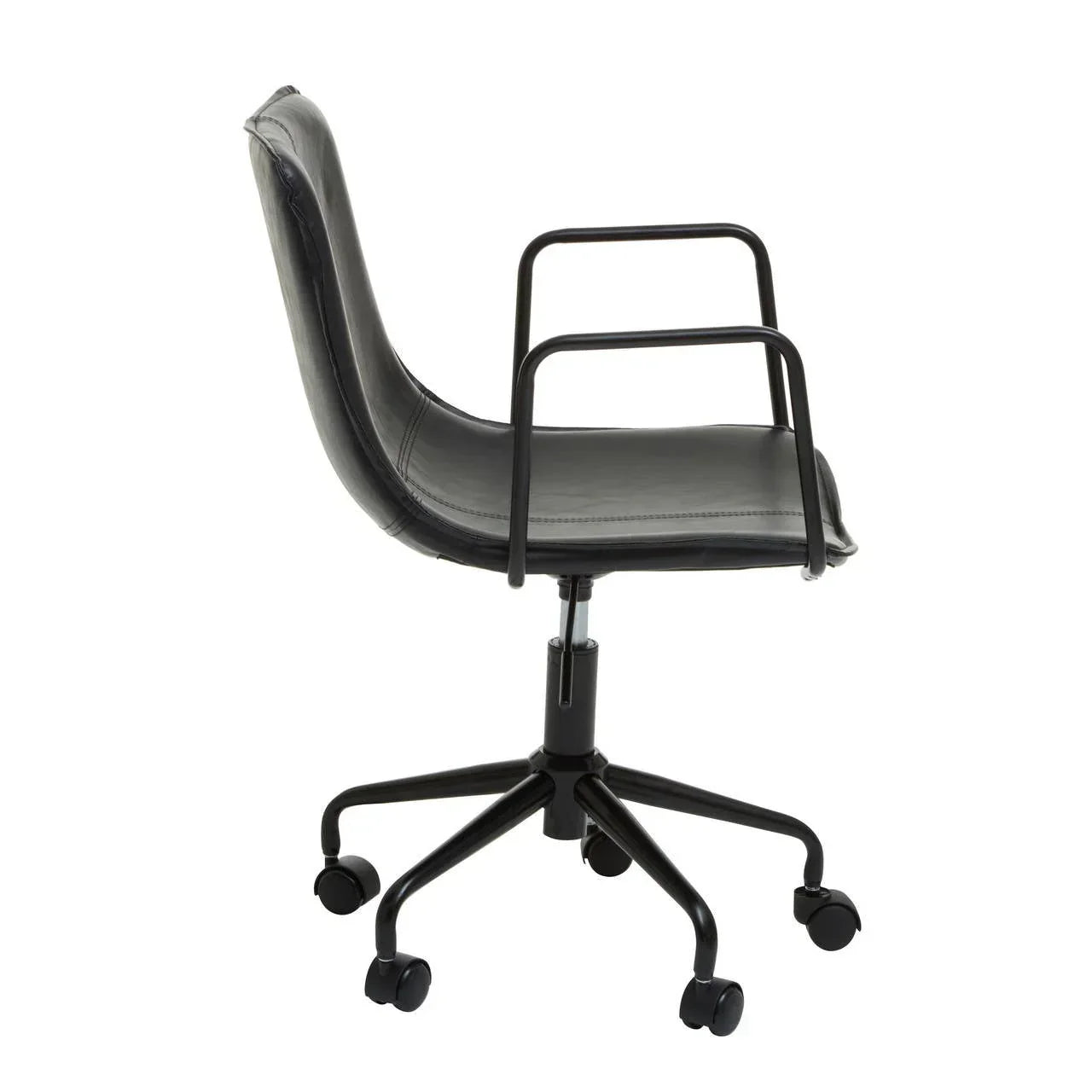 Black office chair with metal frame, armrests, and wheels side view