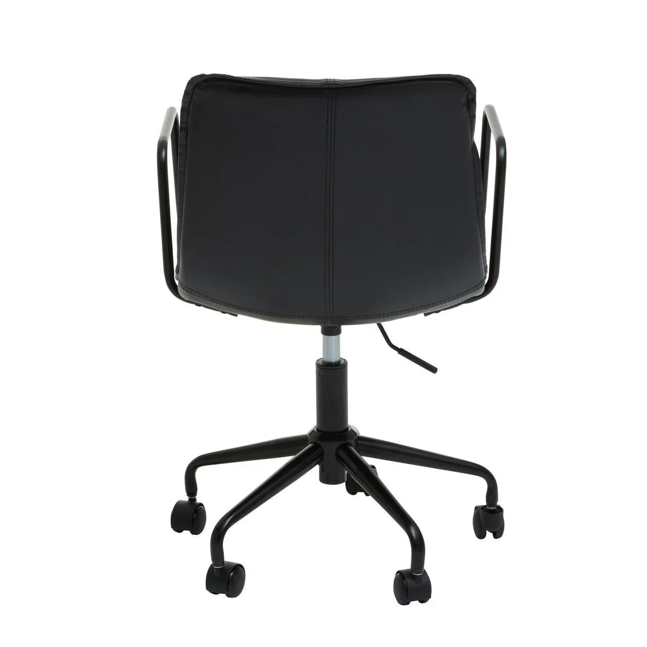 Black office chair with armrests and wheels, rear view showing cushioned backrest and base