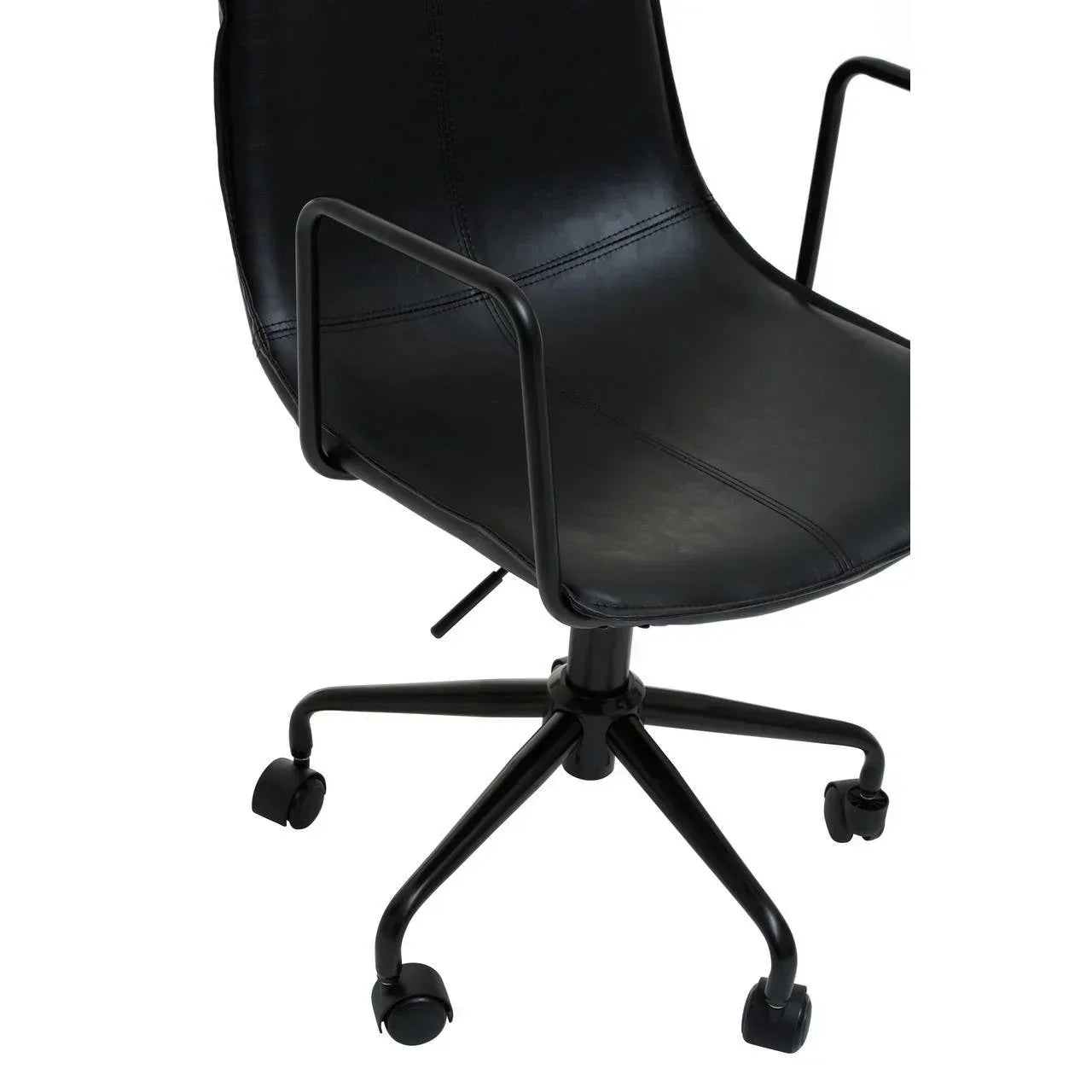 Black leather office chair with metal arms and wheeled base, side angle view
