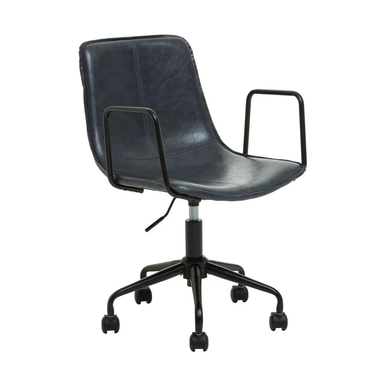 Black swivel office chair with armrests and faux leather seat on wheels