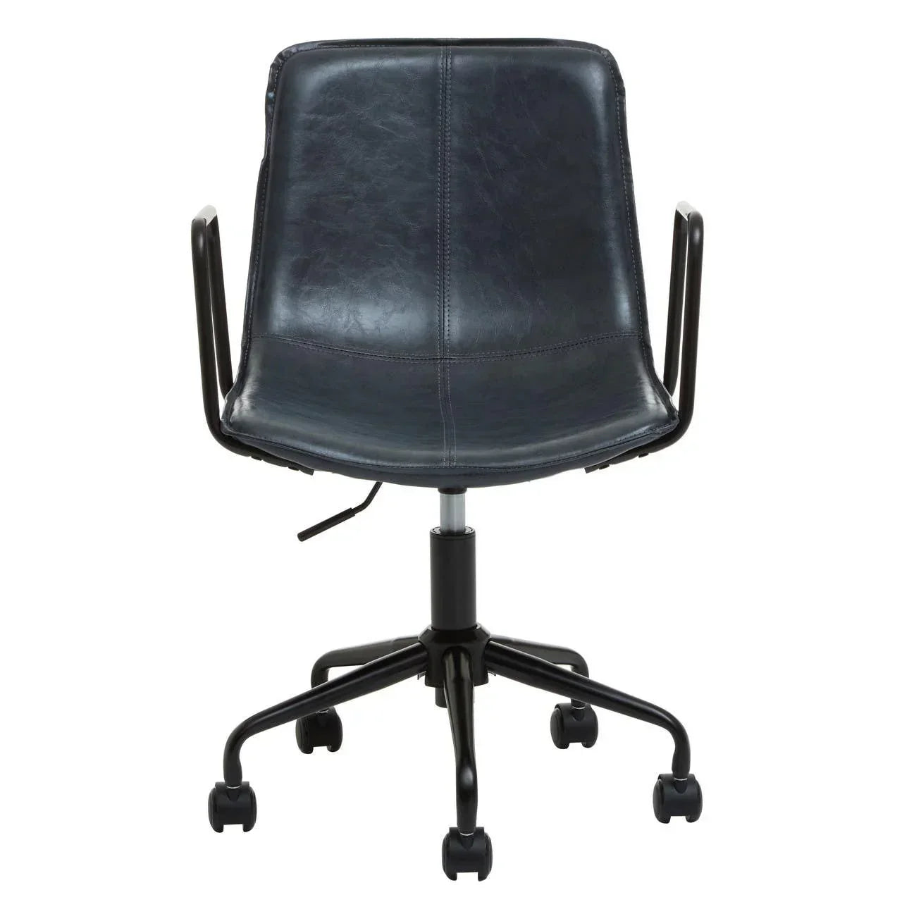 Black faux leather office chair with armrests and wheeled metal base, front view