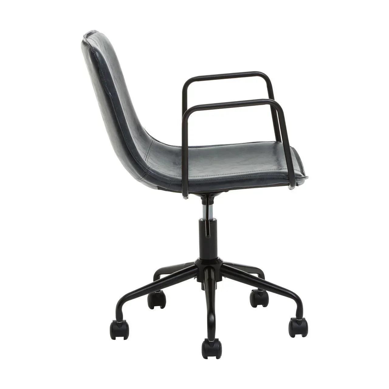 Black office chair with armrests and wheels, side view