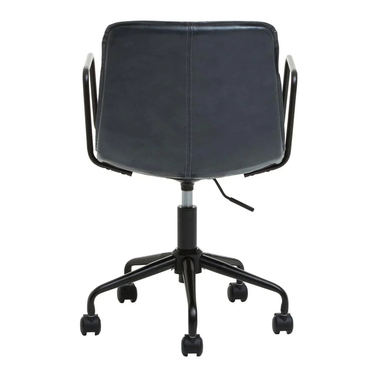 Black swivel office chair with metal armrests and casters, rear view
