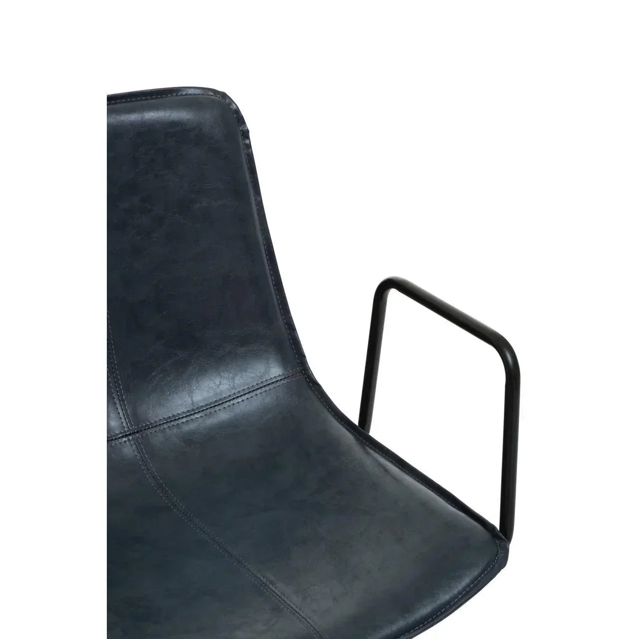 Black faux leather dining chair with metal armrest close-up