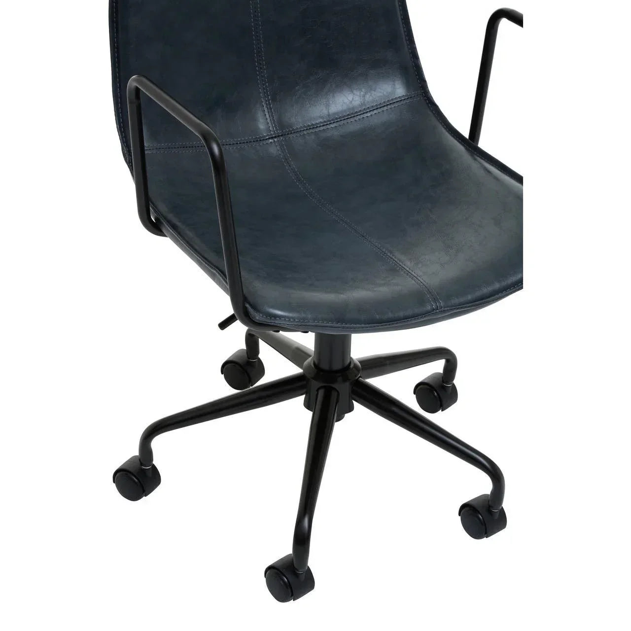 Blue faux leather office chair with black metal arms and swivel base on castor wheels