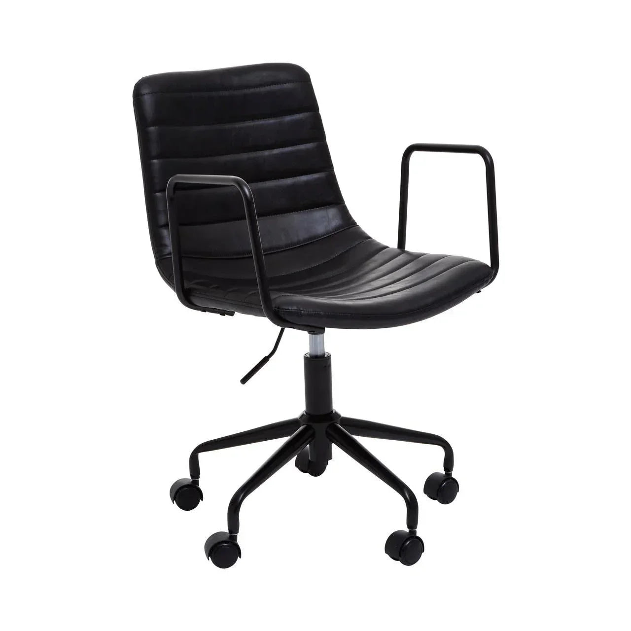 Black leather office chair with armrests and wheels, adjustable seat, modern style