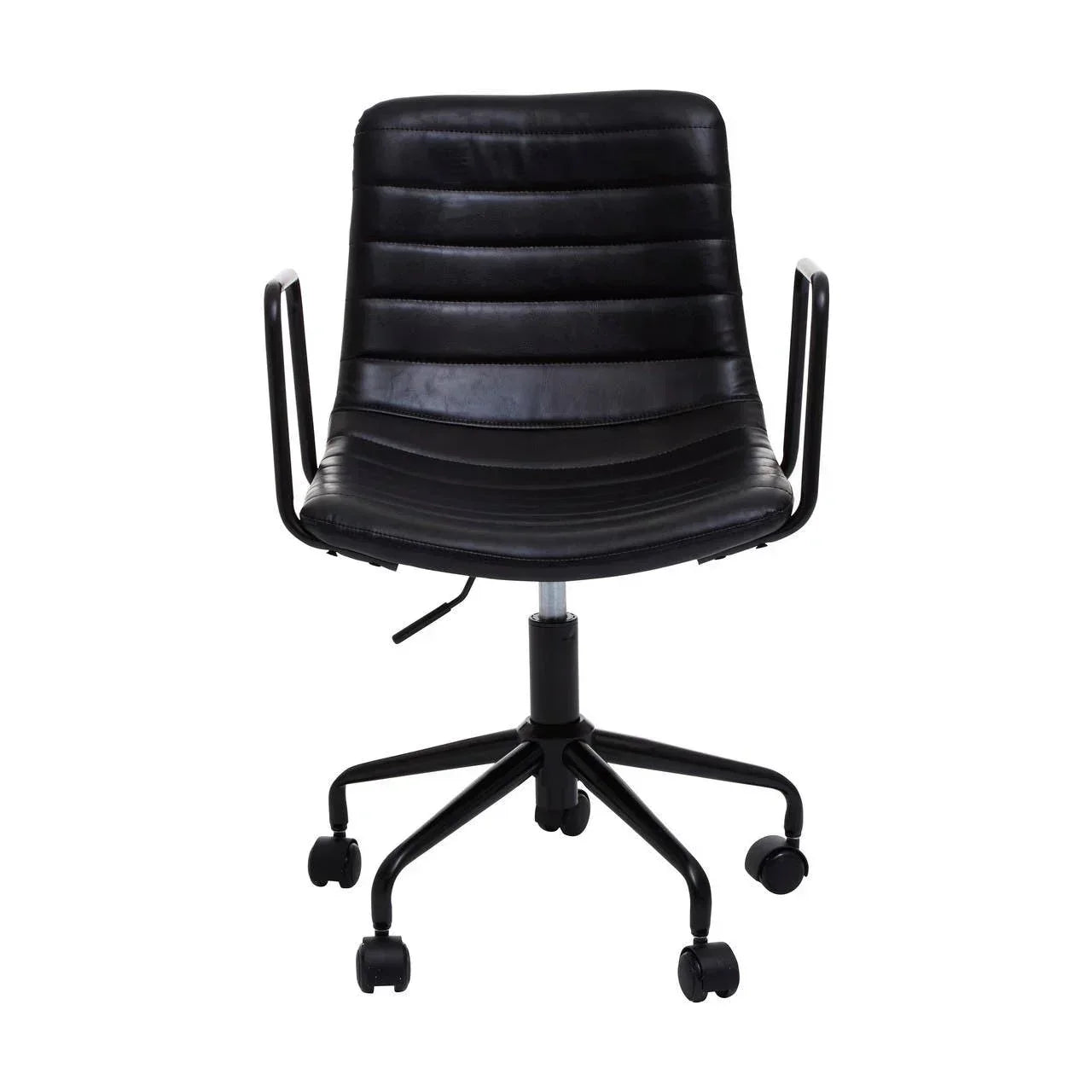 Black faux leather office chair with armrests and swivel wheels front view