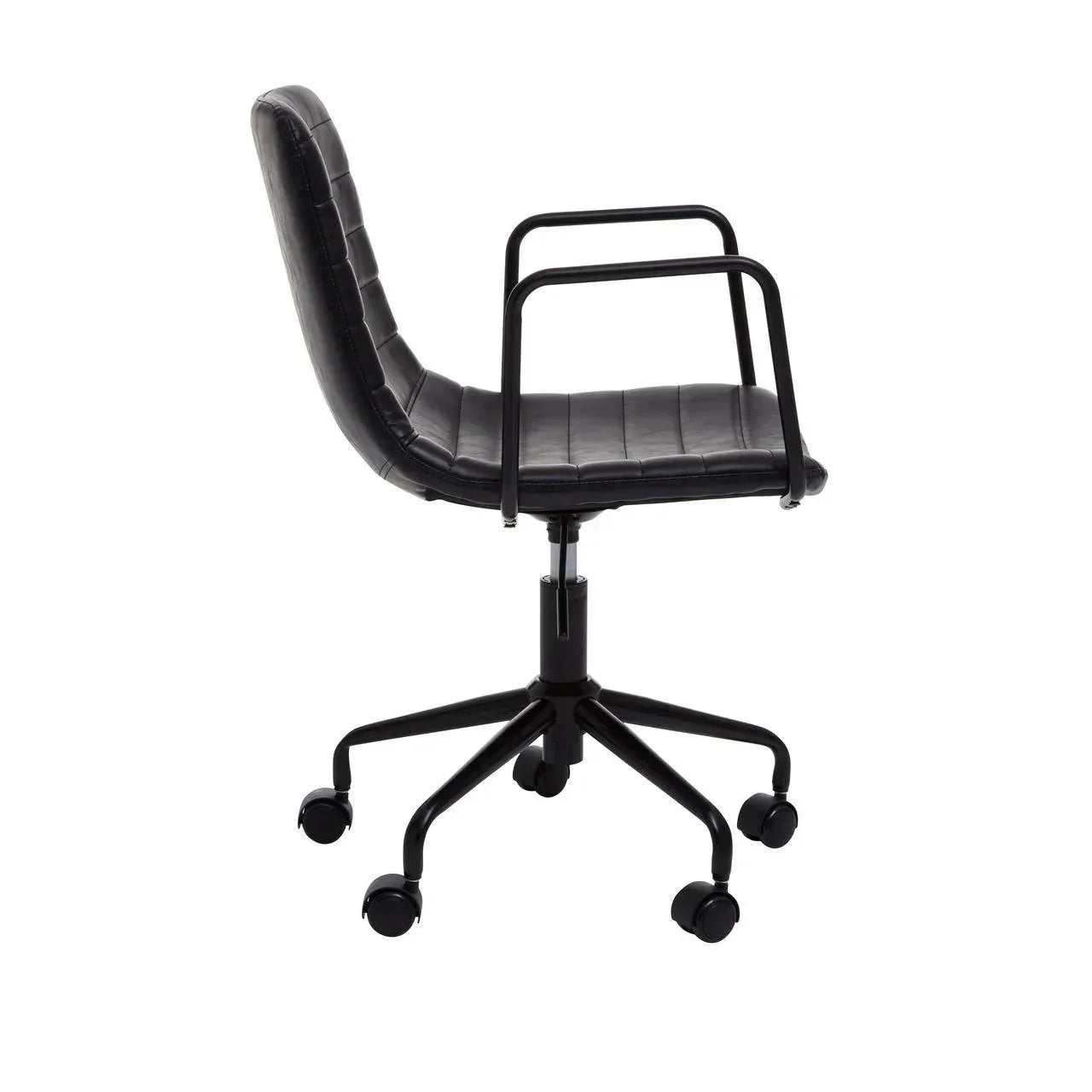Black leather office chair with armrests and wheels, side profile view