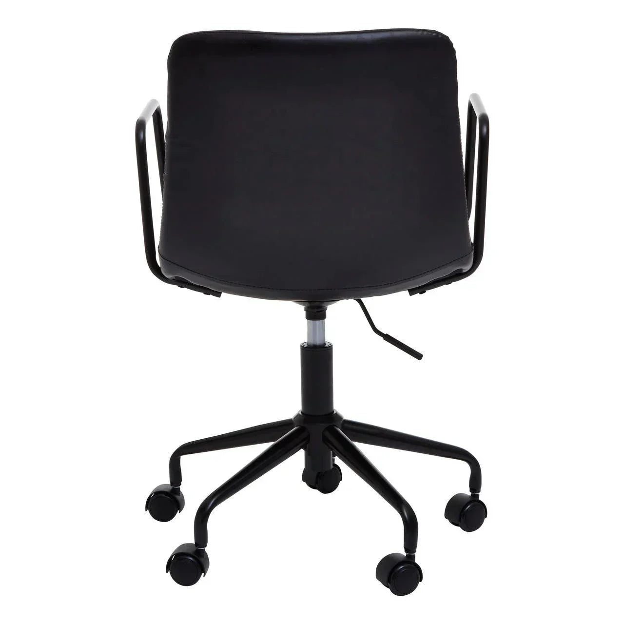 Black office chair with five caster wheels and metal arms, rear view, height adjustment lever