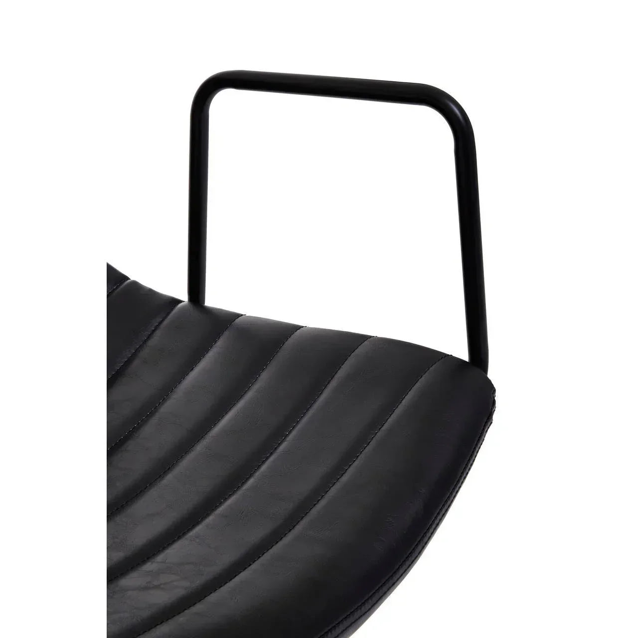 Black leather dining chair seat with vertical stitching and metal frame detail