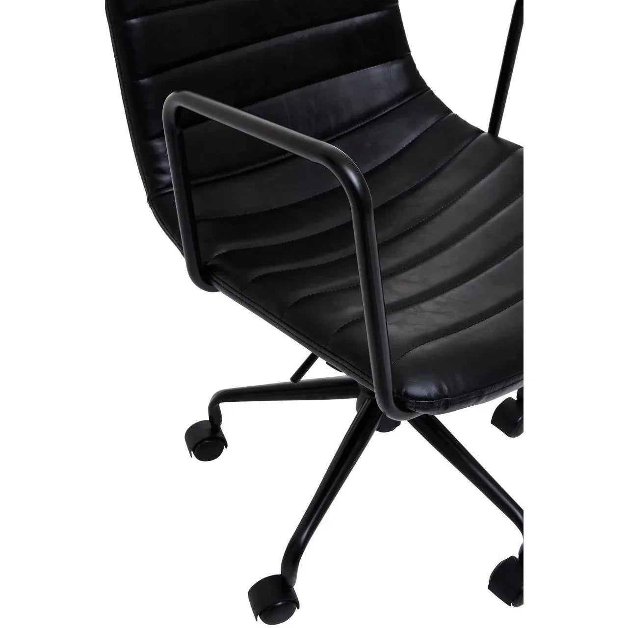 Black faux leather office chair with armrests and wheeled metal base, side angle view