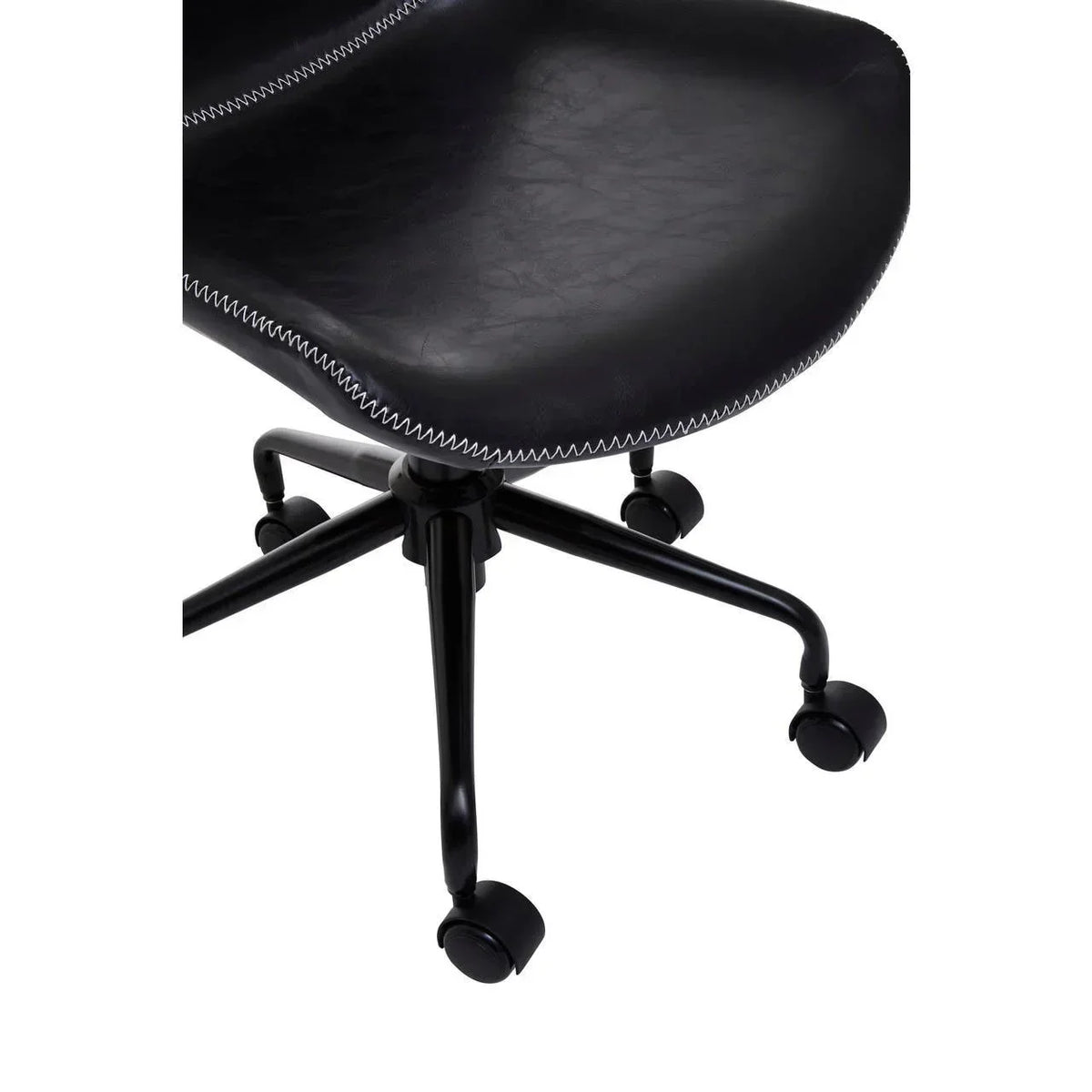 Black office chair with white stitching and metal base with castor wheels
