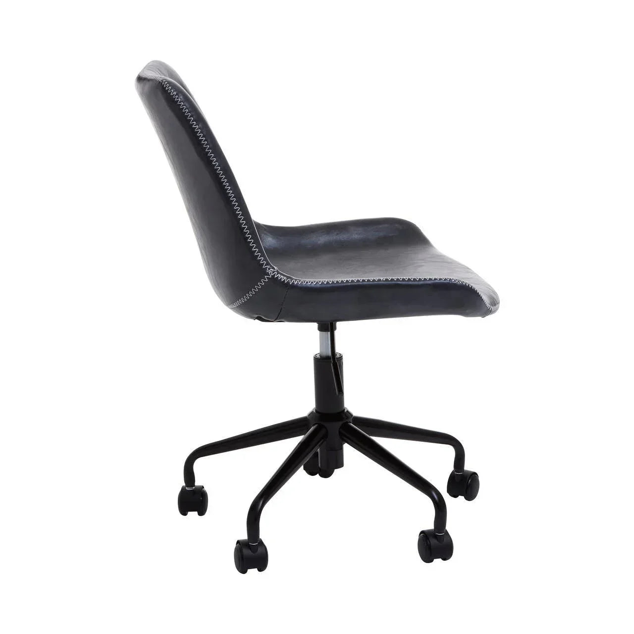 Black swivel office chair with stitching detail and five caster wheels, side profile view