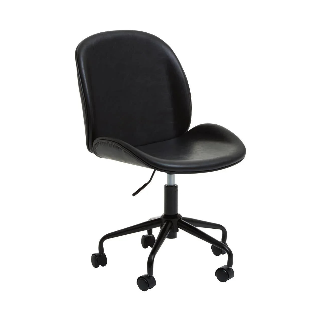 Black swivel office chair with wheels and cushioned seat on white background