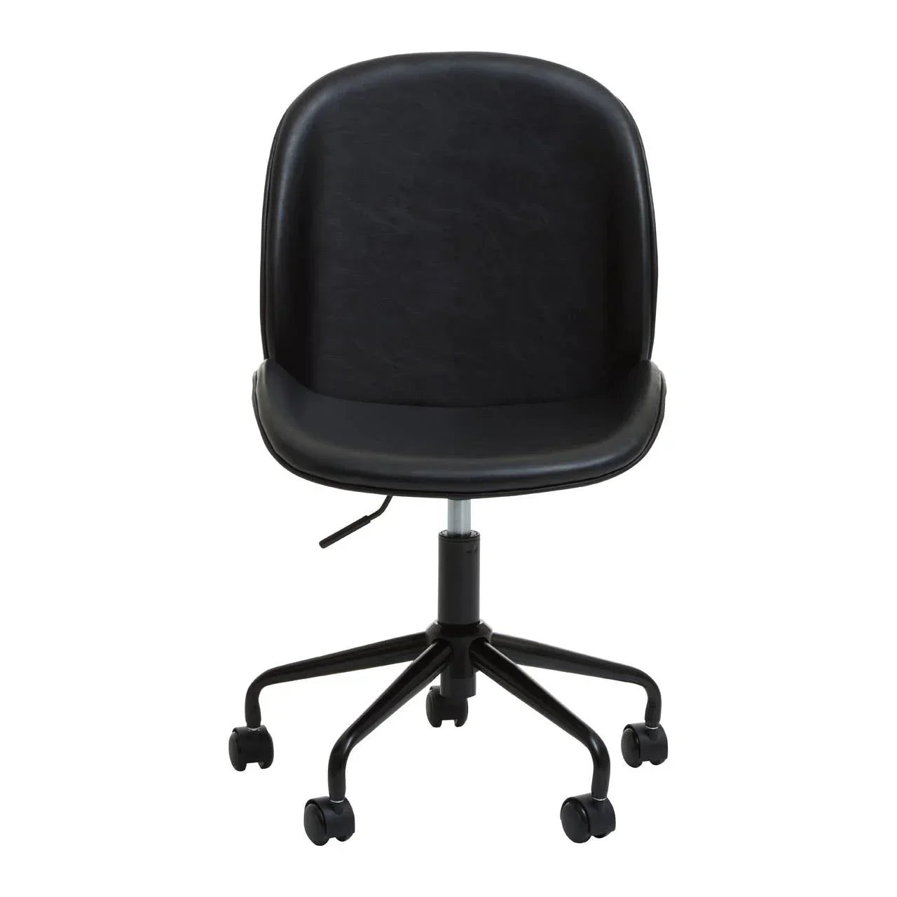 Black office chair with padded seat, curved backrest and swivel caster wheels