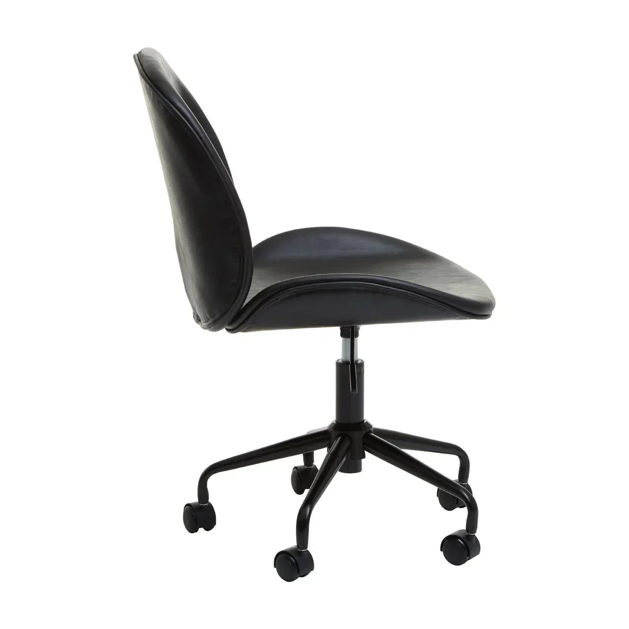 Black leather office chair with swivel base and casters side view