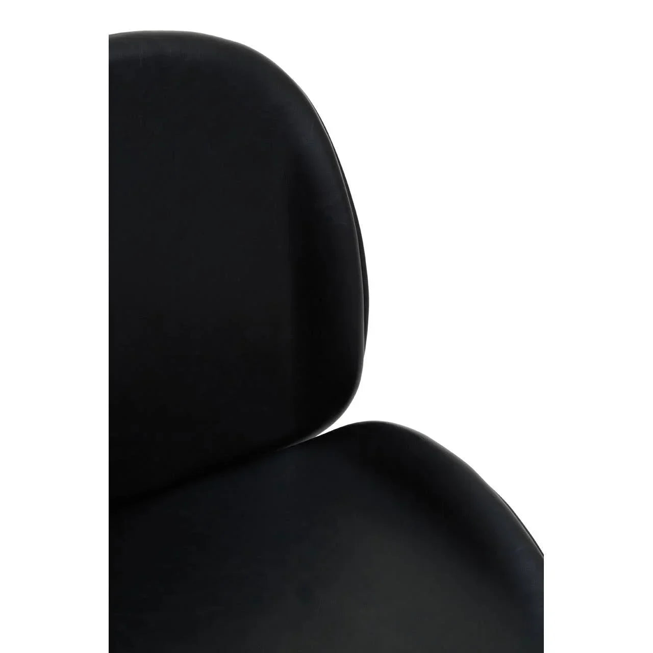 Close-up of black dining chair seat and backrest, faux leather upholstery