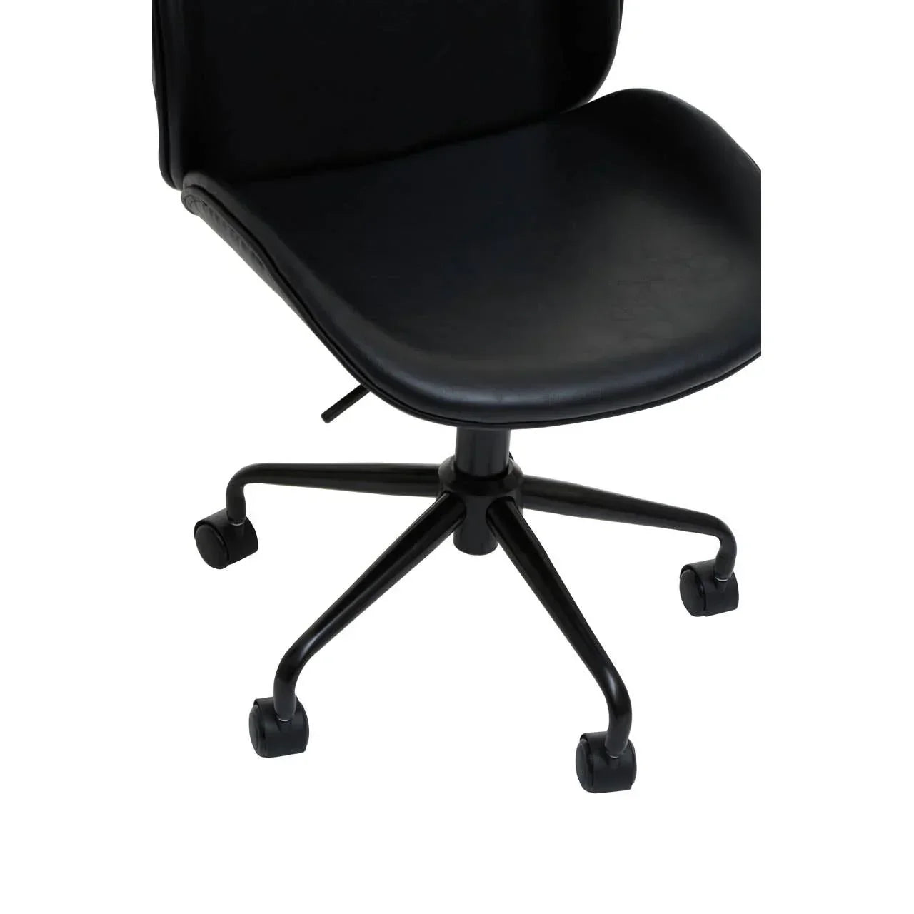 Black office chair with cushioned seat, five-wheel metal base and adjustable height lever