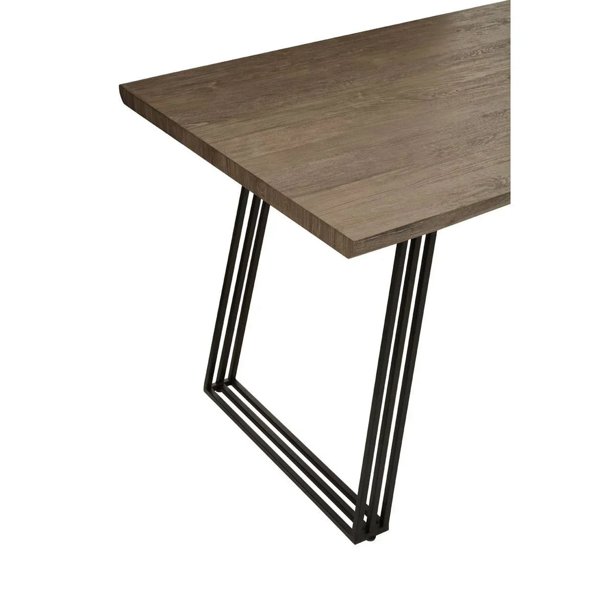Brown wood dining table with metal geometric legs, closeup of corner and frame detail
