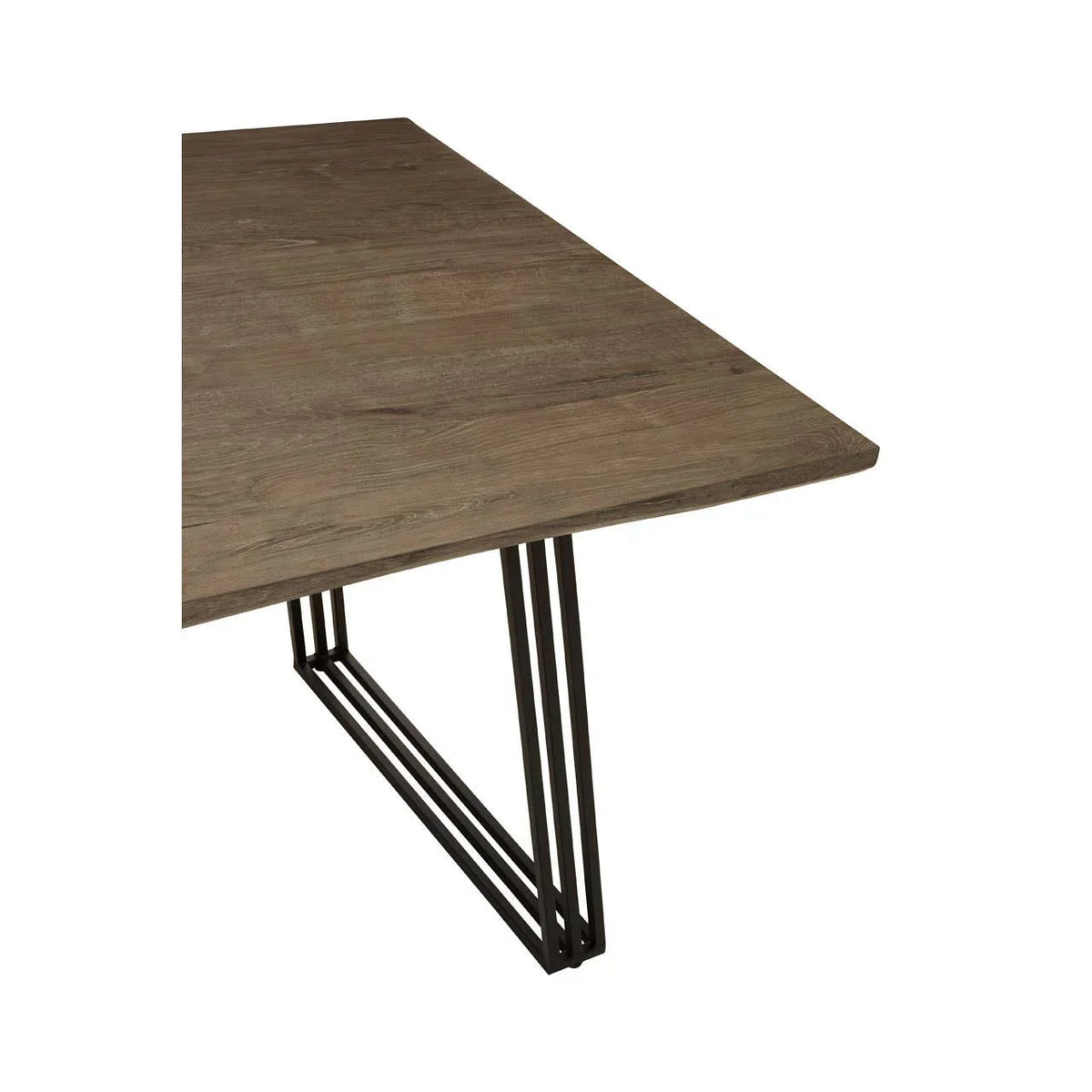 Rectangular wooden dining table with black metal legs, corner angle view