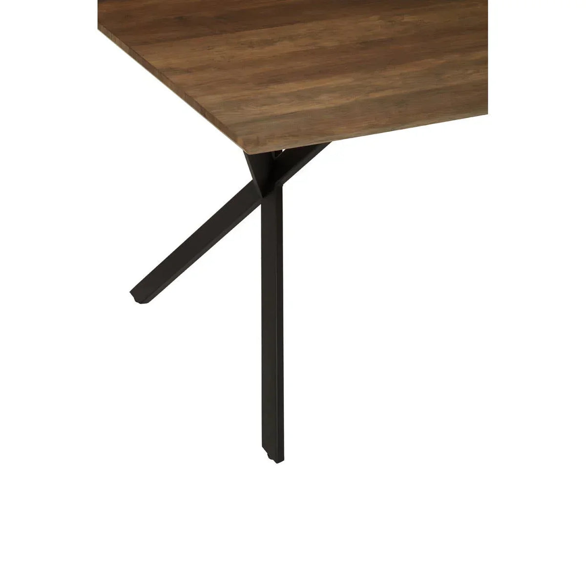 Corner of wooden dining table with black metal angled legs