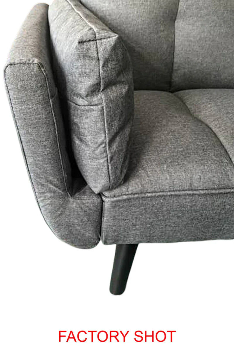 Close-up of grey fabric sofa arm and wooden leg