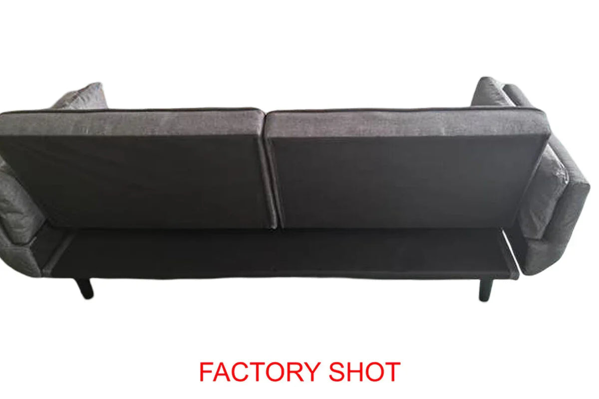 Rear view of grey fabric sofa with black legs on white background