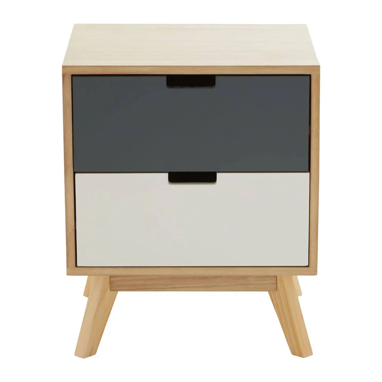 Modern bedside table with two-tone drawers and light wood legs