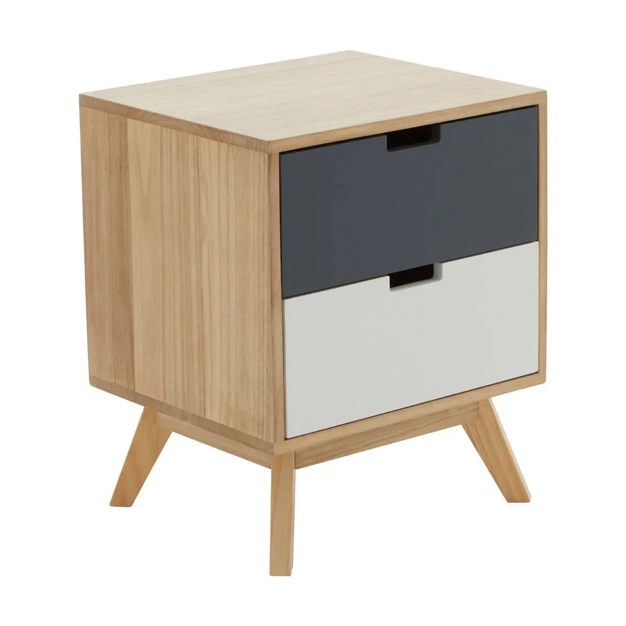 Modern wooden bedside table with two drawers in grey and white, angled legs