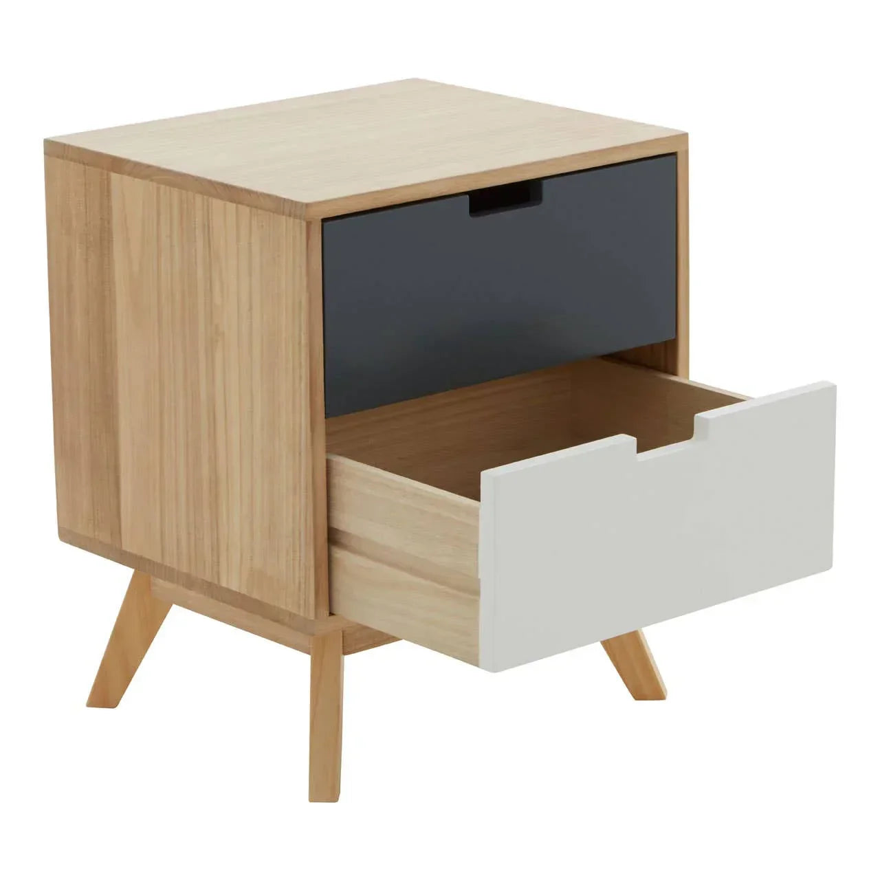 Two tone wooden bedside table with angled legs and open bottom drawer