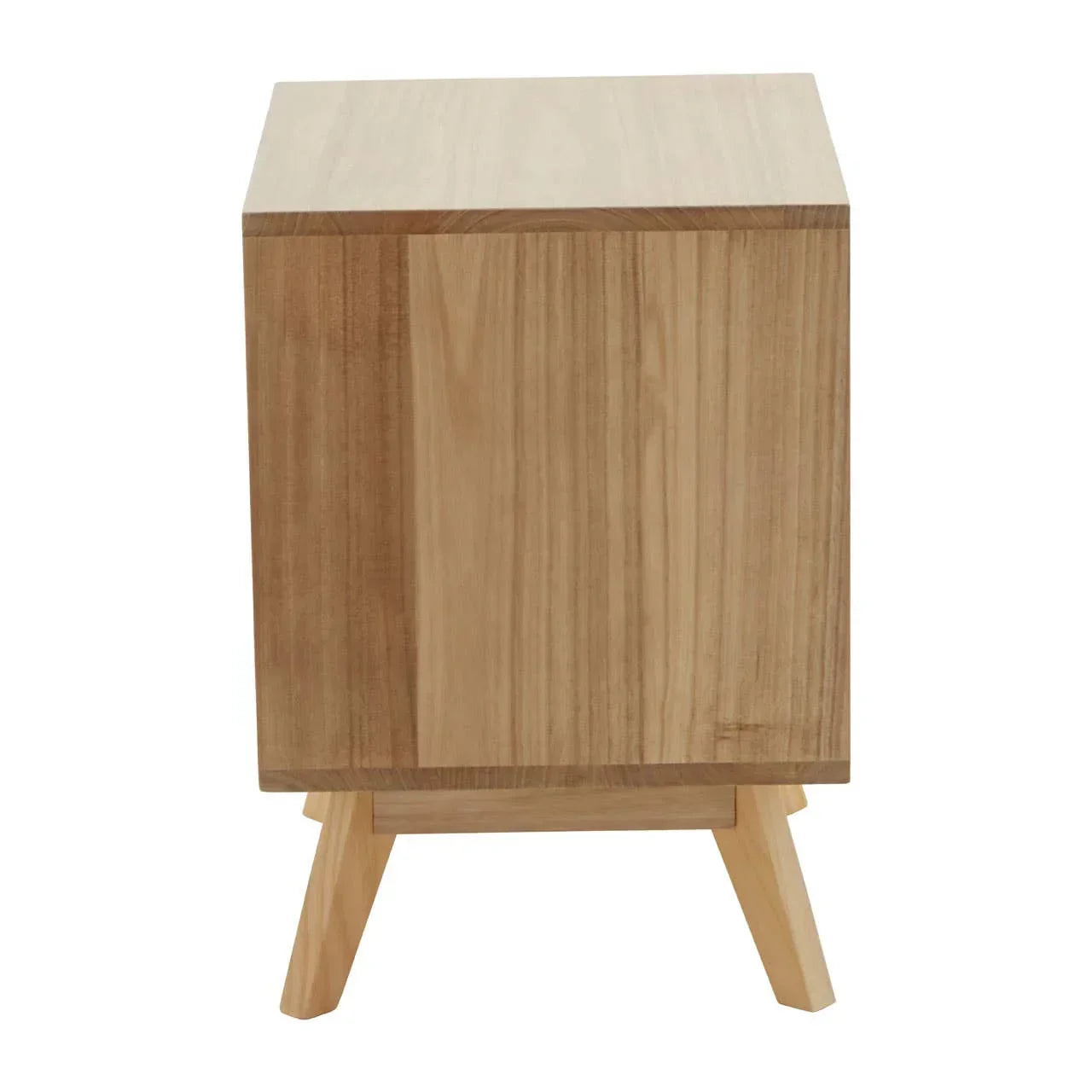 Oak wood side table with clean lines and angled legs, front view