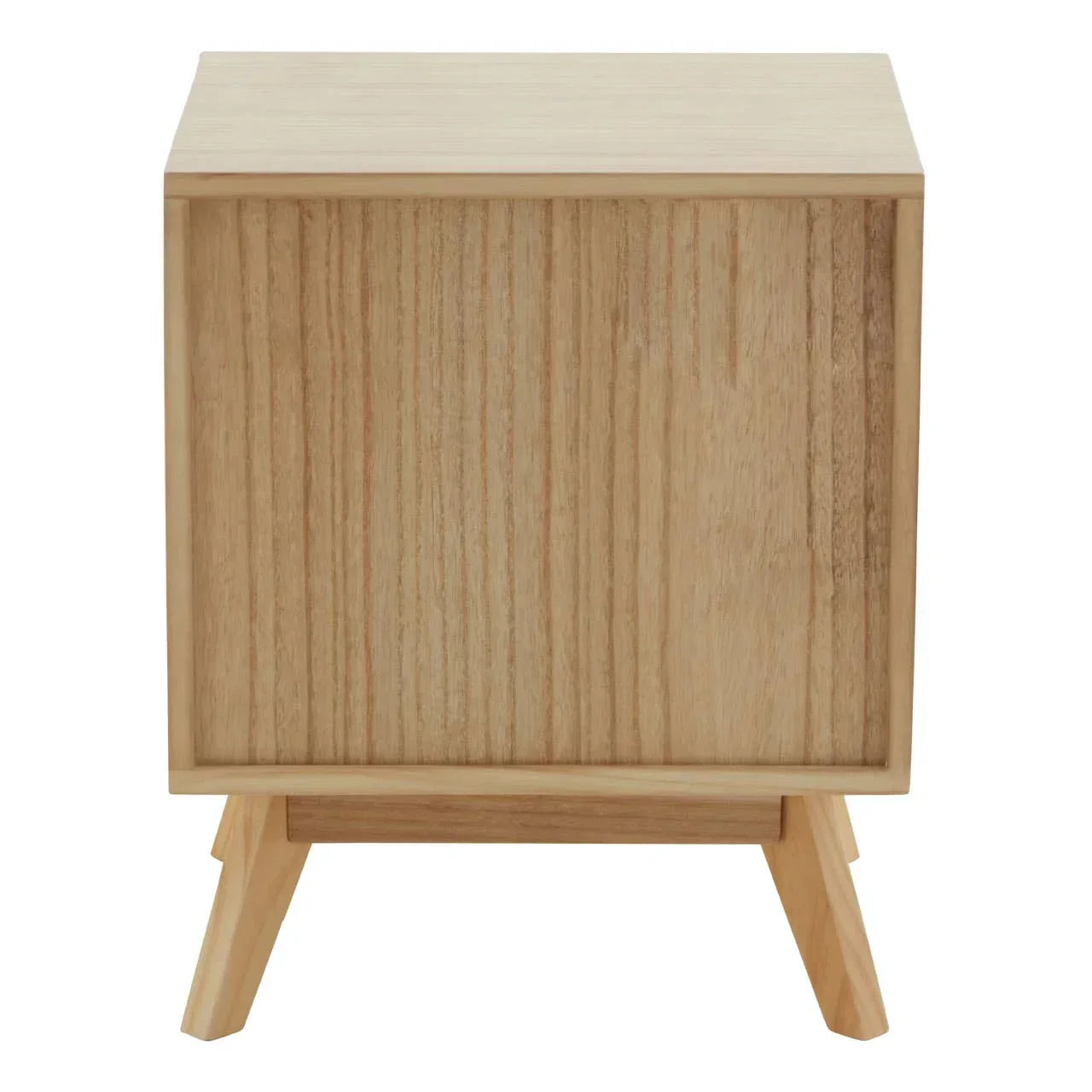 Light wood bedside table with single door and angled legs, front view