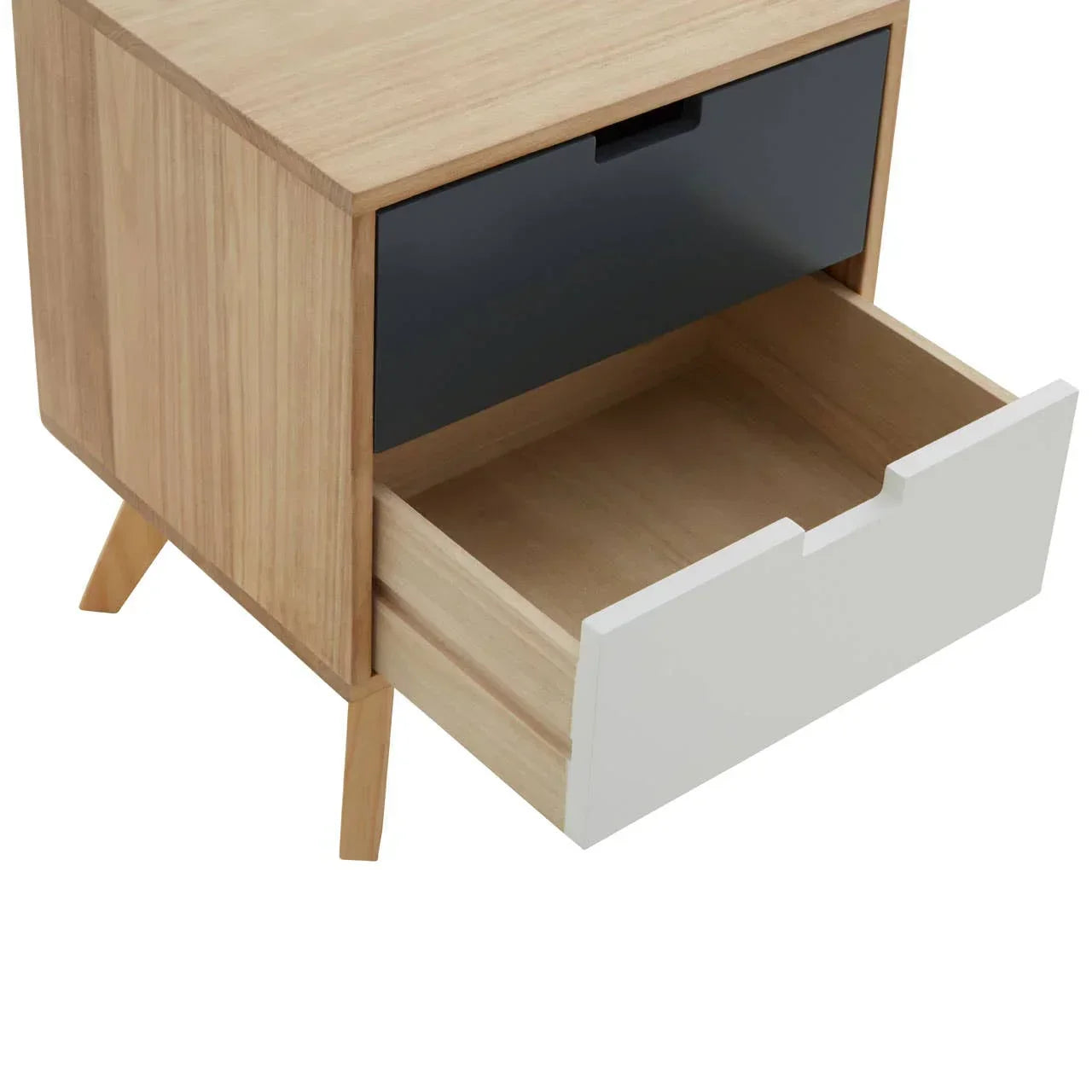 Modern bedside table with wood finish, open white drawer and black upper drawer