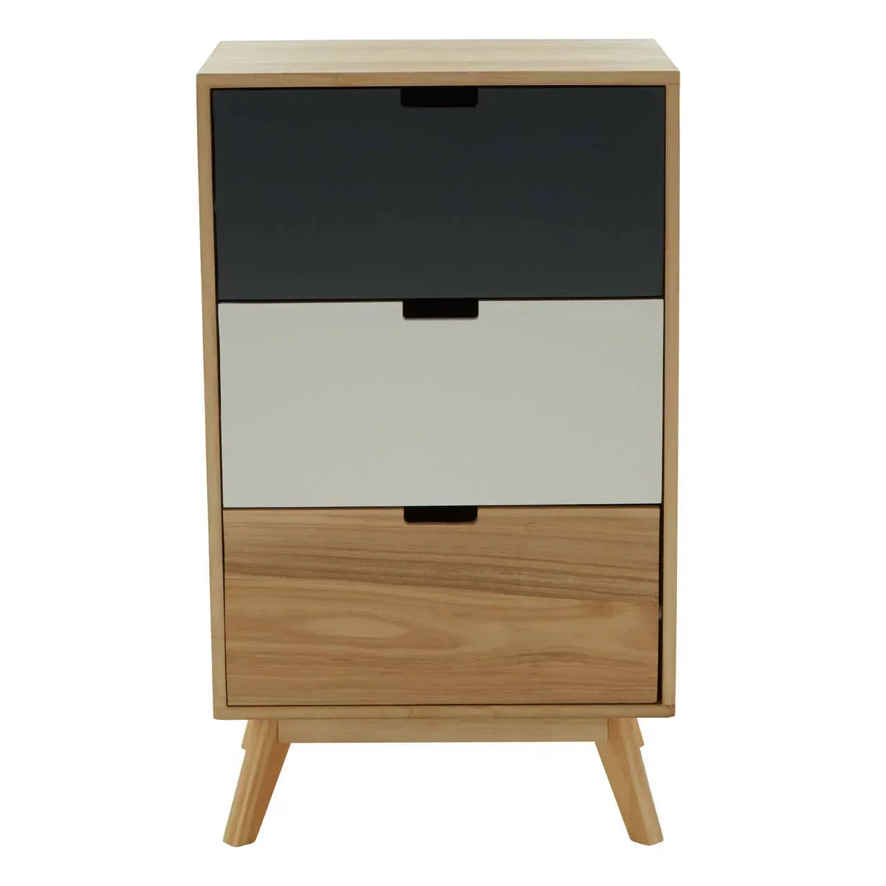 Three drawer wooden chest with black, grey, and natural wood fronts and angled legs