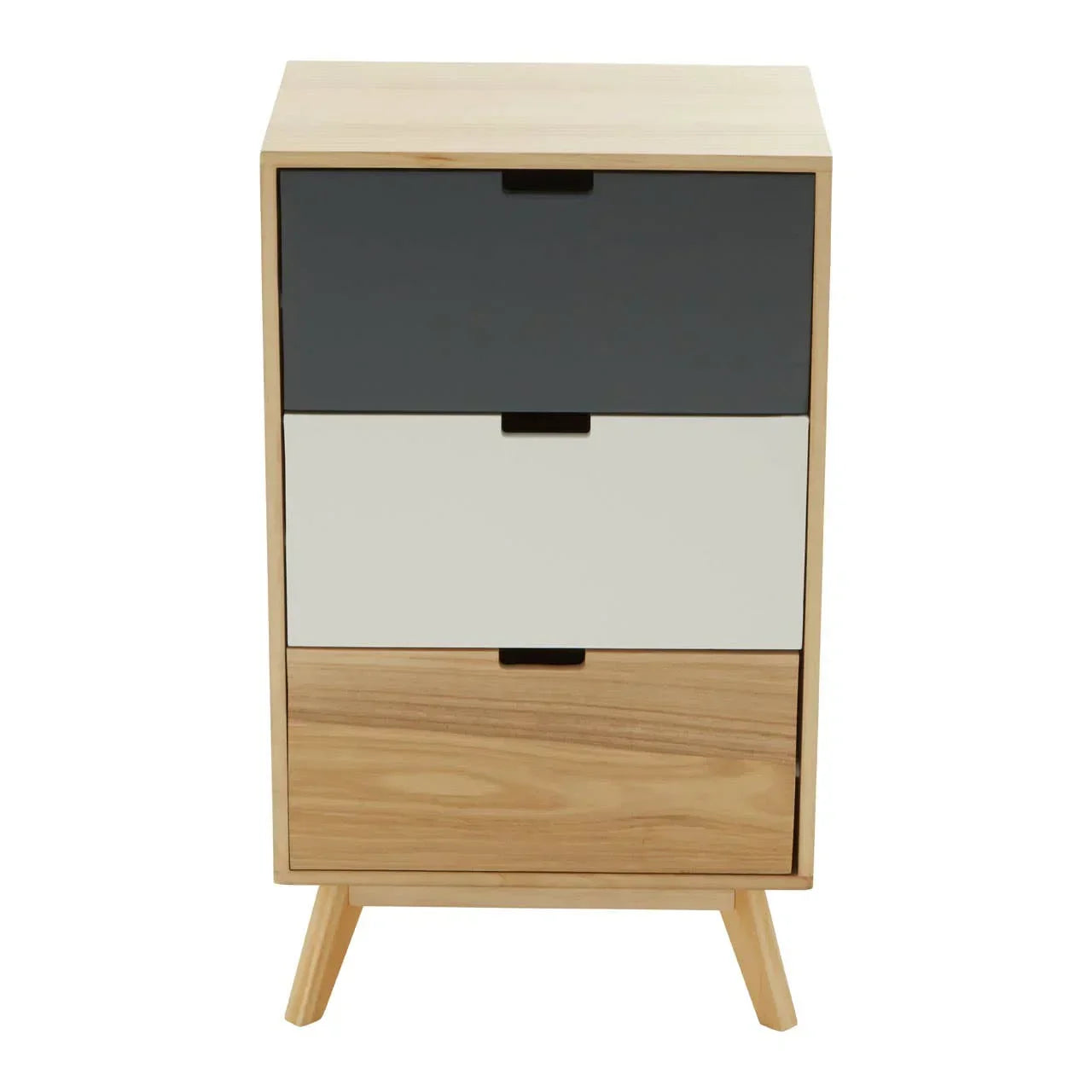 Three drawer wooden chest with black, white, and natural wood front panels
