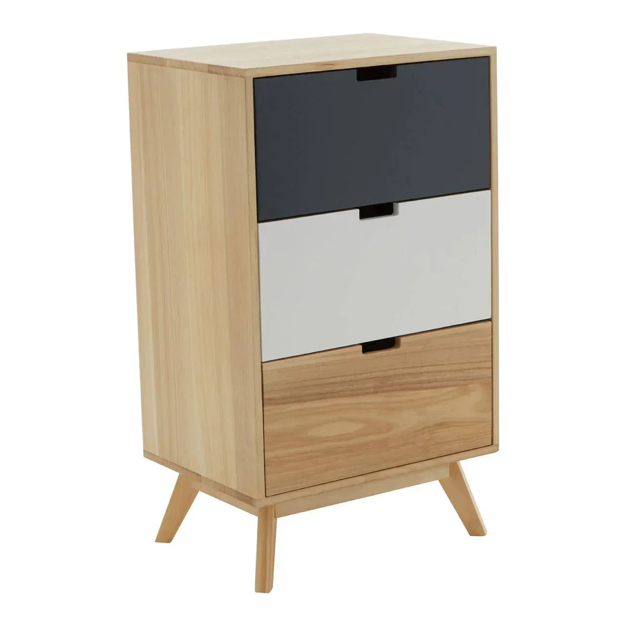 Three drawer wooden chest with black, white, and natural wood front panels, angled legs