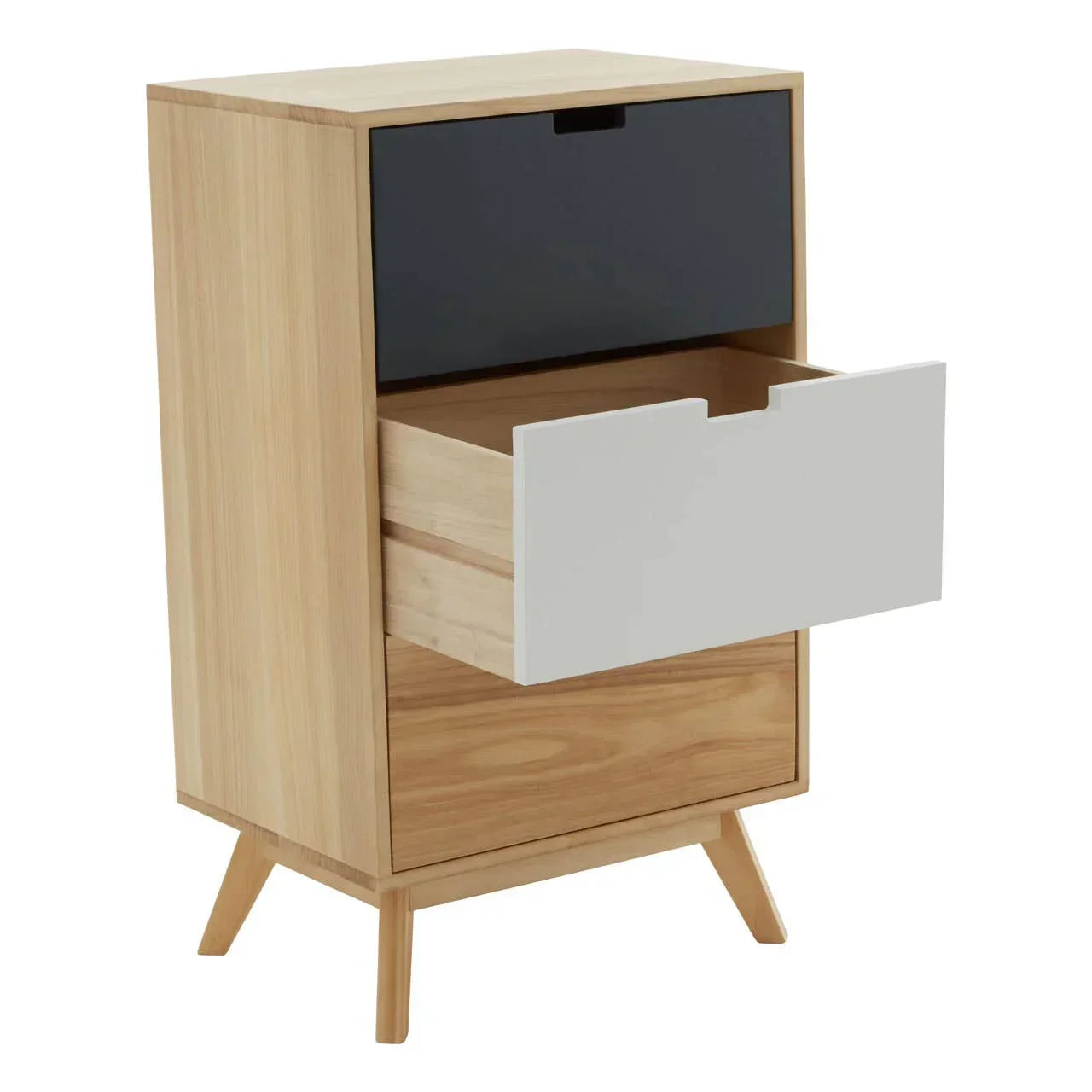 Modern wood chest of drawers with black and white fronts, one drawer open, angled legs